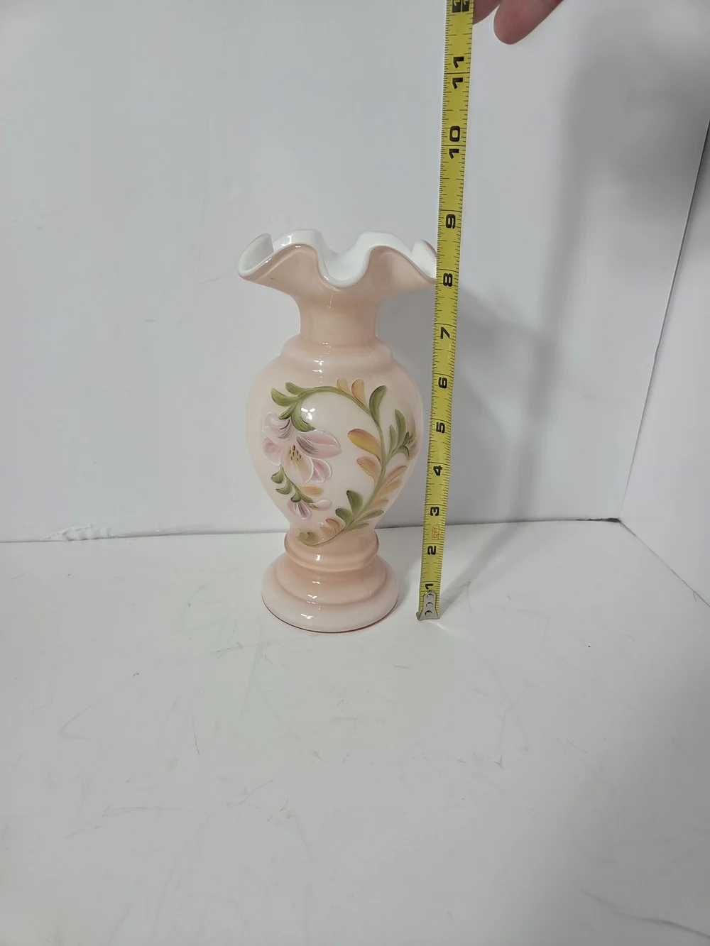 fenton HandPainted signed Peach Floral Glass Vase incased pink flower shaby chic